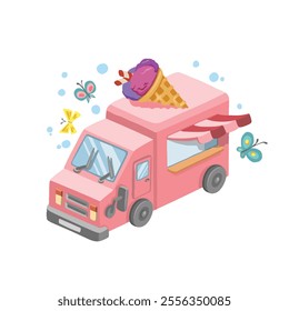 Colorful ice cream truck with butterflies around it