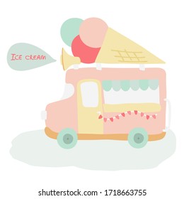 Colorful ice cream truck in flat style in pastel shades, isolated illustration on white background, vector flat illustration