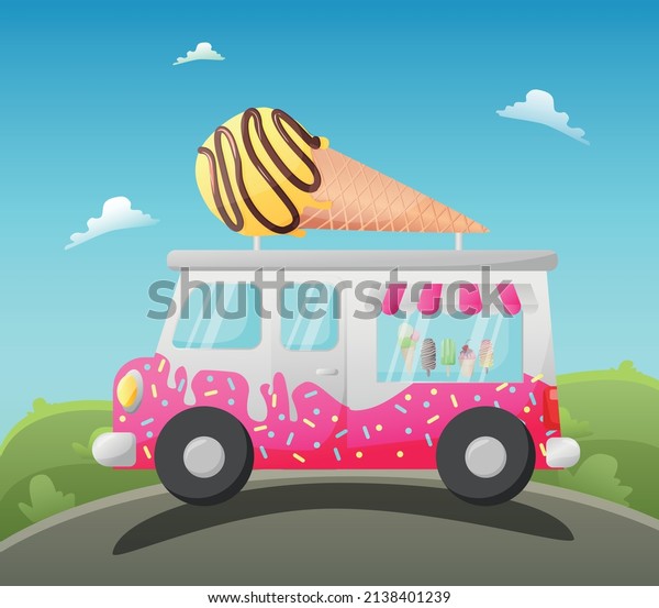 colorful ice cream\
truck on scenic\
background
