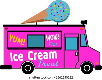 Colorful ice cream truck with speaker and giant cone