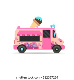 Colorful ice cream truck. Ice cream van delivery. Retro ice cream van.Isolated in white background.