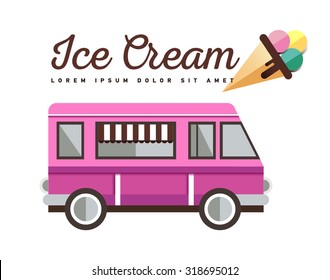 Colorful ice cream truck,vector background. Food van with signboard ice cream. Food truck logo