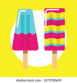 Colorful ice cream vector icon on yellow background. Summer ice cream eskimo on stick vector illustration