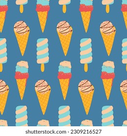 Colorful ice cream vector seamless pattern. Types of dessert. Ice cream on a stick and waffle corn. Color minimalistic summer illustration. Ideal for cards, typography and web.