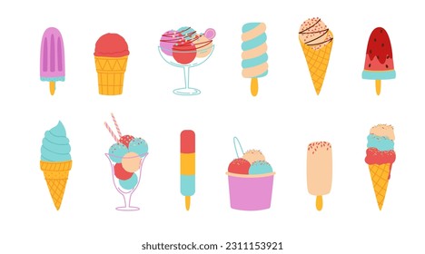 Colorful ice cream vector set. Types of dessert. Corn, ice cream on a stick, waffle. Color minimalistic summer illustration. Ideal for stickers, petterns and web.