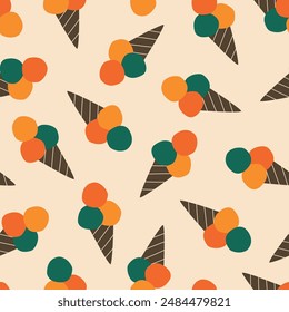 Colorful ice cream in a waffle cone hand drawn vector illustration. Summer sweets in flat style seamless pattern for kids fabric or wallpaper.