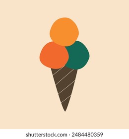 Colorful ice cream in a waffle cone with cherry hand drawn vector illustration. Isolated sweets for kids poster, logo or icon in flat style.