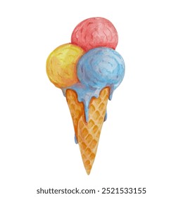 Colorful ice cream in a waffle cone. Summer desserts. Vector graphics.
