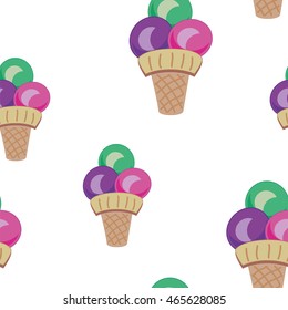 Colorful Ice cream in a waffle cup seamless pattern on white background. Summer wallpaper, kids interior wallpaper. Sweet summer food. Vector repeating texture.