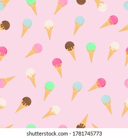 Colorful ice creams waffle cones seamless pattern. Summer dessert flat vector background. Delicious sweets for kids. Easy to edit template for birthday party decoration, wrapping paper, fabric, etc.