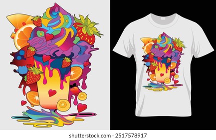 Colorful ice fruits and glass t shirt design and templates