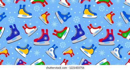 Colorful ice skates seamless pattern. Winter activitiy template wallpaper. Cute childish print. Sports vector illustration. Colored skates on the blue background.