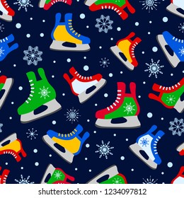 Colorful ice skates seamless pattern. Winter sports vector illustration. Colored ice skates on a dark background. Outdoors repeated texture. Winter activities template wallpaper. Cute childish print