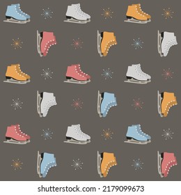 Colorful ice skates seamless pattern with snowflakes on a dark background