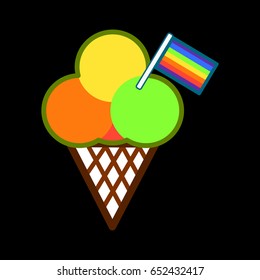 Colorful icecream in cone with rainbow flag isolated on black