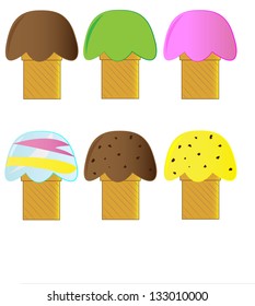 colorful icecream cones on a white background.(Vanilla, lemon, chocolate, chocolate chips, and taste.)