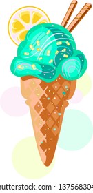 Colorful ice-cream with decorative elements. Delicious cute ice-cream cone with a piece of lemon, waffles and bubbles. Vector food drawing isolated on white. For menus, children, holidays and posters