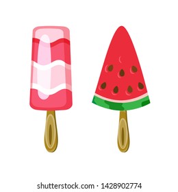 Colorful ice-cream on wooden stick, pink frozen juice in stripes and in shape of watermelon isolated on white, bright glossy sweet, summer dessert vector