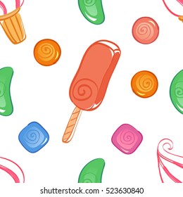 Colorful ice-cream seamless pattern with candies. Vector illustration