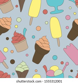Colorful ice-cream seamless pattern. Gray background and polka dot. Summer food vector illustration. Sweet Frozen Desserts. Design for wrapping paper, fabric print, wallpaper. Bright template. Flat.