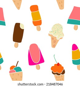 Colorful ice-cream seamless pattern on white background. Cute illustration can be used for cards, wallpaper or textile. Holiday pattern for your design. 