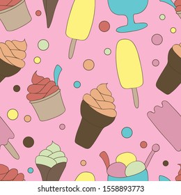 Colorful ice-cream seamless pattern. Pink background and polka dot. Summer food vector illustration. Sweet Frozen Desserts. Design for wrapping paper, fabric print, wallpaper. Bright template. Flat.