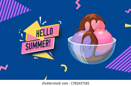 Colorful ice-cream and text lettering ad banner. Summer season vector background template.