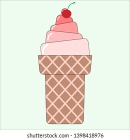 Colorful ice-cream in waffle cone with cherry on the button in light green background.