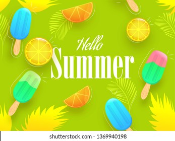 Colorful ice-creams and lemon slices on green leaf background for Summer with stylish text Hello Summer.