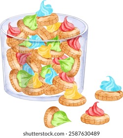 Colorful iced gems biscuit in a jar. Watercolor food of Iced gem biscuits fit for label, cooking books or new year assets