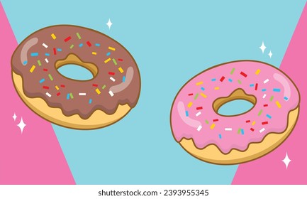 Colorful icing donuts in Bakery and sweets. Donuts on blue and pink background. Vector illustration. 