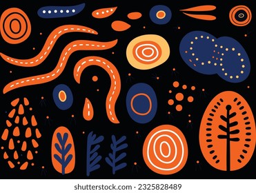 colorful icon with abstract pattern, in the style of playful use of shapes, dark navy and orange, laurel burch, minimalist backgrounds, organic and fluid, playful streamlined forms, african patterns