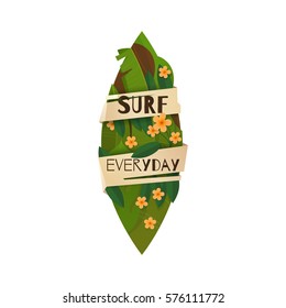 Colorful icon in cartoon style on surfing theme.Design element-surfing, tropical plants.ribbon with inscription Surf everyday.Vector illustration.