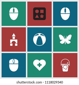 Colorful icon. collection of 9 colorful filled icons such as butterfly, mouse, heart with cross, bucket toy for beach. editable colorful icons for web and mobile.