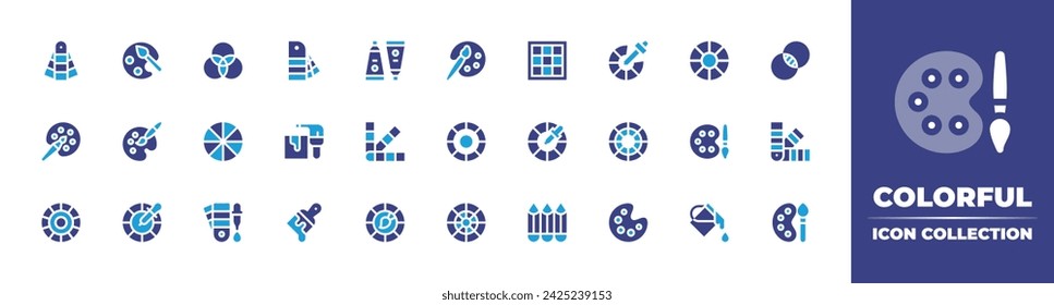 Colorful icon collection. Duotone color. Vector and transparent illustration. Containing palette, paint tube, picker, color, palette, paint, colour, wheel, chromatic, painting.