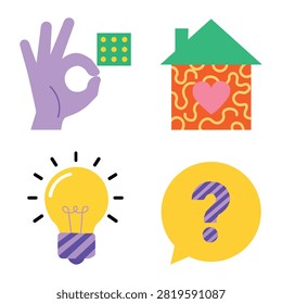 Colorful icon collection featuring okay hand house heart light bulb and question symbols isolated modern vector illustration for communication education creativity and digital interface design.