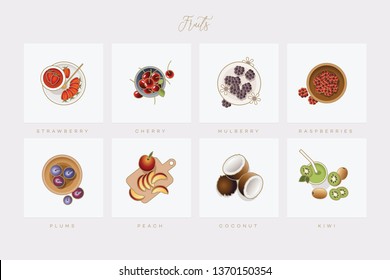 Colorful icon collection of fruits illustrated in flat lay style
