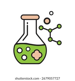 A colorful icon depicting a laboratory flask filled with green liquid and surrounding molecules. This imagery symbolizes scientific discovery, chemical reactions, and experimentation in 