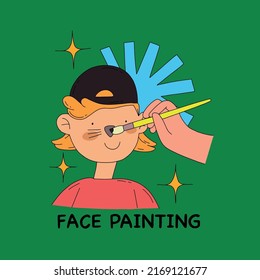 Colorful icon face painting. Child with painted face and brushes. Hand drawn flat vector illustration isolated on green background.