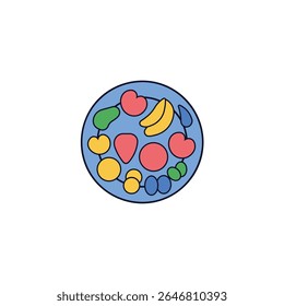 Colorful icon illustrating a balanced diet with various fruits and vegetables on a plate. Perfect for health, nutrition, and wellness-related designs.