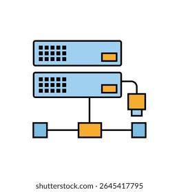 Um ícone colorido que ilustra duas unidades de servidor conectadas em uma configuração de rede. Ideal para data center, infraestrutura de TI, computação em nuvem e temas de tecnologia.
