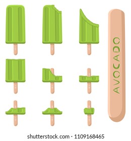 Colorful icon logo natural avocado ice cream sorbet in different forms. Avocado pattern consisting of sweet cold ice cream sorbet, tasty frozen dessert. Fresh taste fruit ice cream sorbet of avocado.
