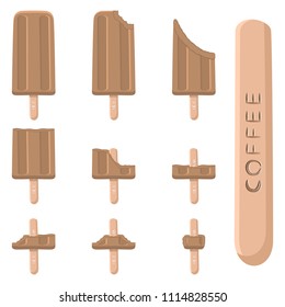 Colorful icon logo for natural coffee ice cream sorbet in different forms. Coffee pattern consisting of sweet cold ice cream sorbet, tasty frozen dessert. Fresh taste fruit ice cream sorbet of coffee.