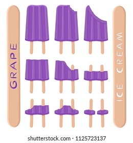 Colorful icon logo for natural grape ice cream sorbet in different forms. Grape pattern consisting of sweet cold ice cream sorbet, tasty frozen dessert. Fresh taste fruit ice cream sorbet of grape.