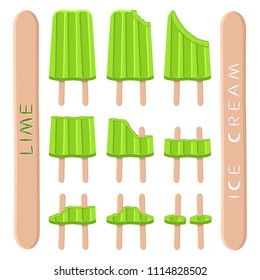 Colorful icon logo for natural lime ice cream sorbet in different forms. Lime pattern consisting of sweet cold ice cream sorbet, tasty frozen dessert. Fresh taste fruit ice cream sorbet from lime.