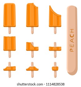 Colorful icon logo for natural peach ice cream sorbet in different forms. Peach pattern consisting of sweet cold ice cream sorbet, tasty frozen dessert. Fresh taste fruit ice cream sorbet of peach.