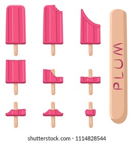Colorful icon logo for natural plum ice cream sorbet in different forms. Plum pattern consisting of sweet cold ice cream sorbet, tasty frozen dessert. Fresh taste fruit ice cream sorbet from red plum.