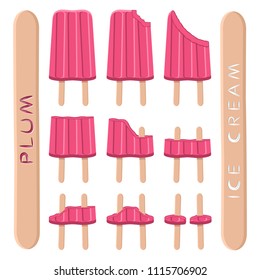 Colorful icon logo for natural plum ice cream sorbet in different forms. Plum pattern consisting of sweet cold ice cream sorbet, tasty frozen dessert. Fresh taste fruit ice cream sorbet from red plum.