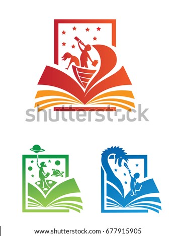 Colorful icon and logo set of explorers and adventurers coming to life out of the pages of a story book.