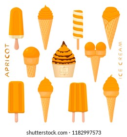 Colorful icon for natural apricot ice cream sorbet in different forms. Apricot pattern consisting of sweet cold ice cream sorbet, tasty frozen dessert. Fresh taste fruit ice cream sorbet of apricot.